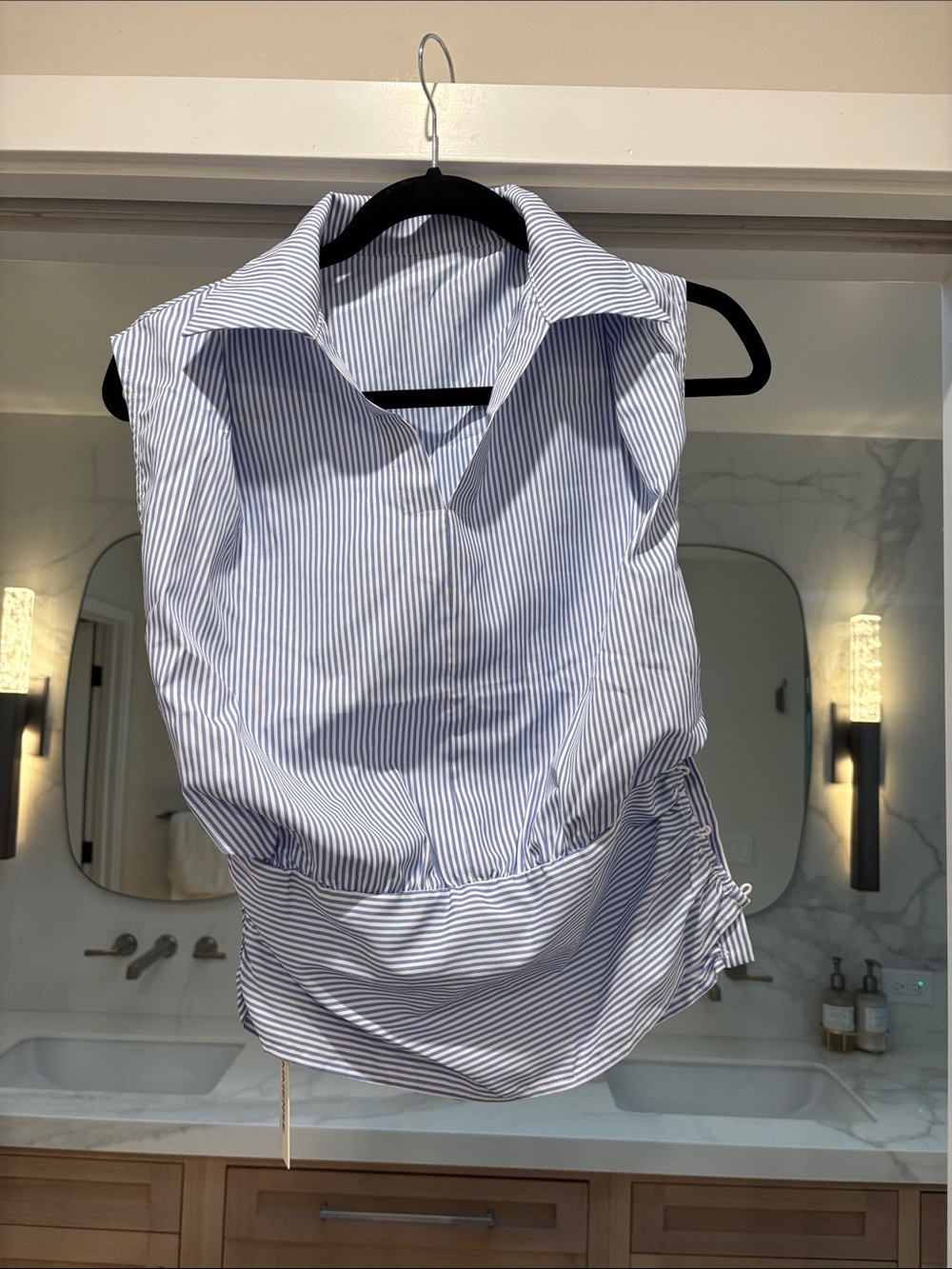 Commense Blue & White Pinstripe Sleeveless Collared Blouse